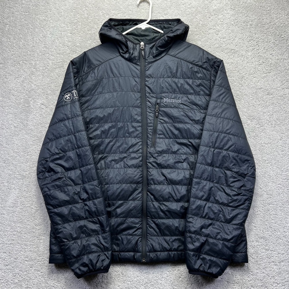 Marmot Puffer Jacket Mens XXL Black Hooded Primaloft Insulated Nylon Outdoor